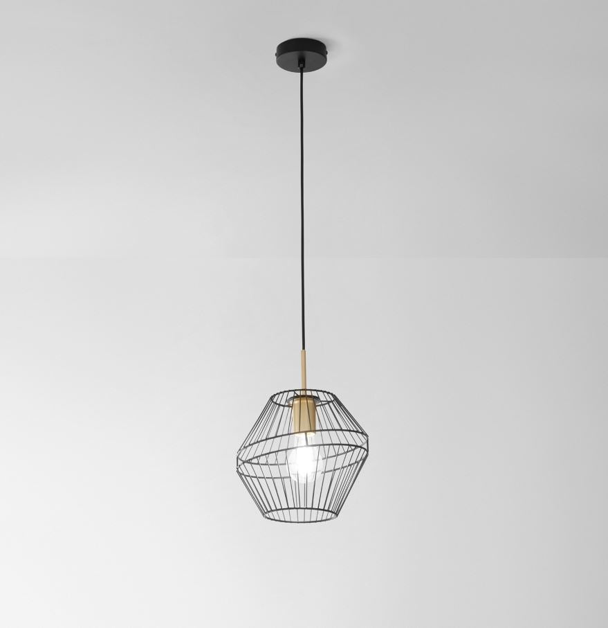 Sospensione forma gabbietta in metallo nero finitura oro satinato 1XE27 non incl. D.25 cm KIKO Sospensione forma gabbietta in metallo nero finitura oro satinato 1XE27 non incl. D.25 cm KIKO